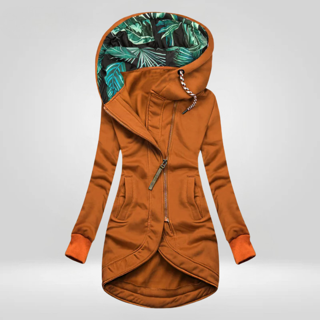 Orange weatherproof winter coat with hood, front zipper, and drawstring hem