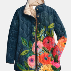 Amaya vintage floral quilted jacket in dark blue with button front and beige lining