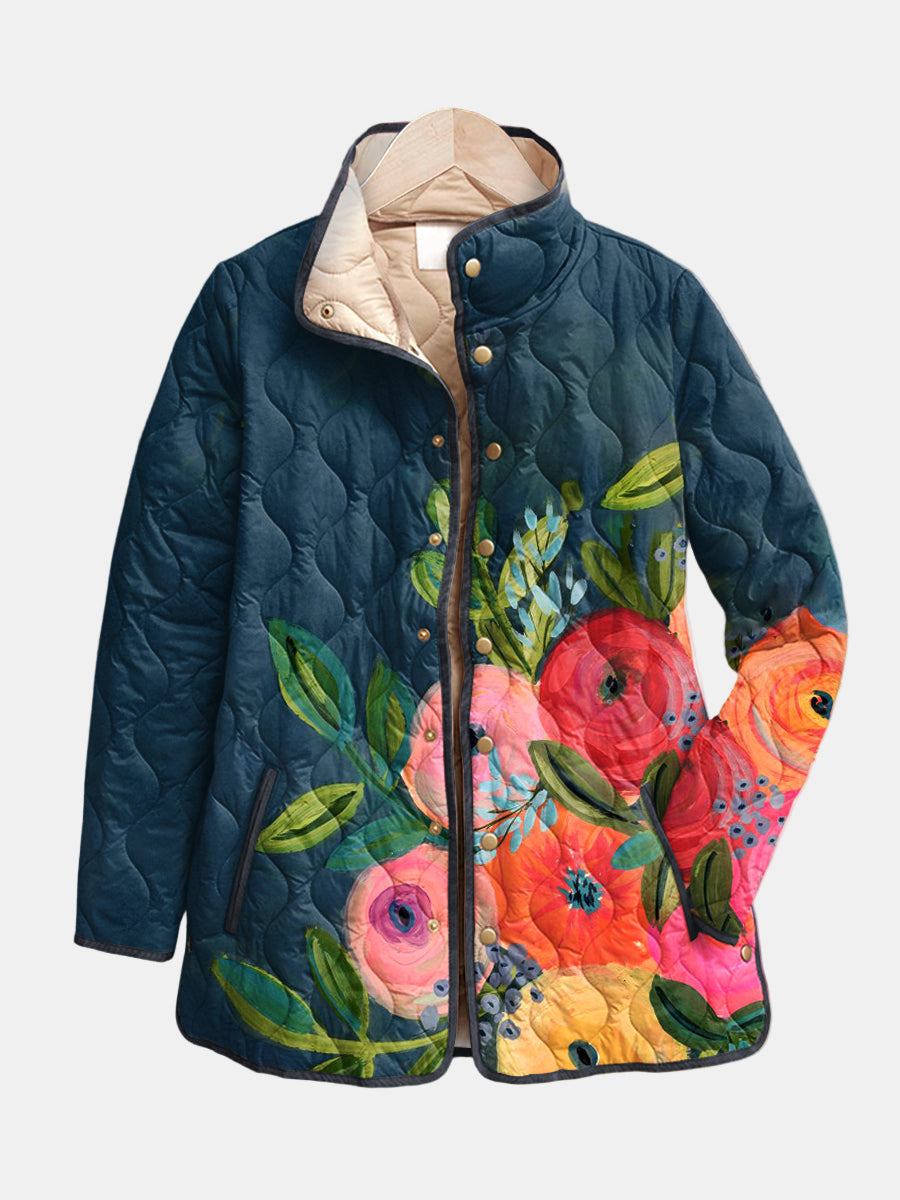 Amaya vintage floral quilted jacket in dark blue with button front and beige lining