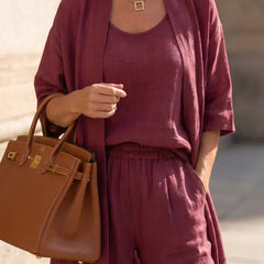 Women's wine red 3-piece set with scoop tank, drawstring pants, and open kimono