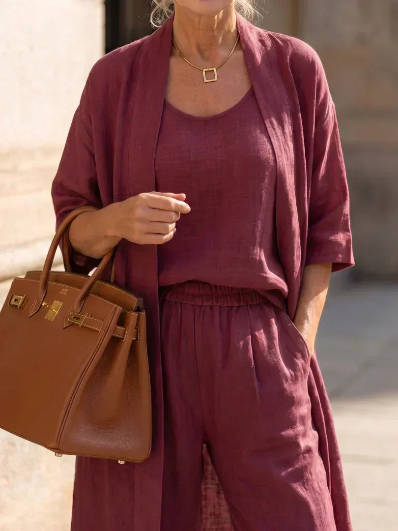Women's wine red 3-piece set with scoop tank, drawstring pants, and open kimono