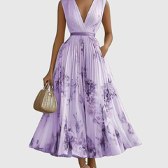 Lilac purple tie-dye pleated maxi dress with V-neck and sleeveless design