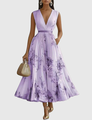 Lilac purple tie-dye pleated maxi dress with V-neck and sleeveless design