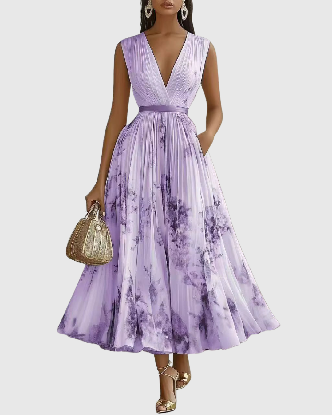 Lilac purple tie-dye pleated maxi dress with V-neck and sleeveless design