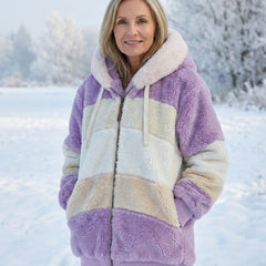 Colourblock plush jacket in purple and cream with zip front and sherpa hood