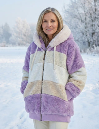 Colourblock plush jacket in purple and cream with zip front and sherpa hood