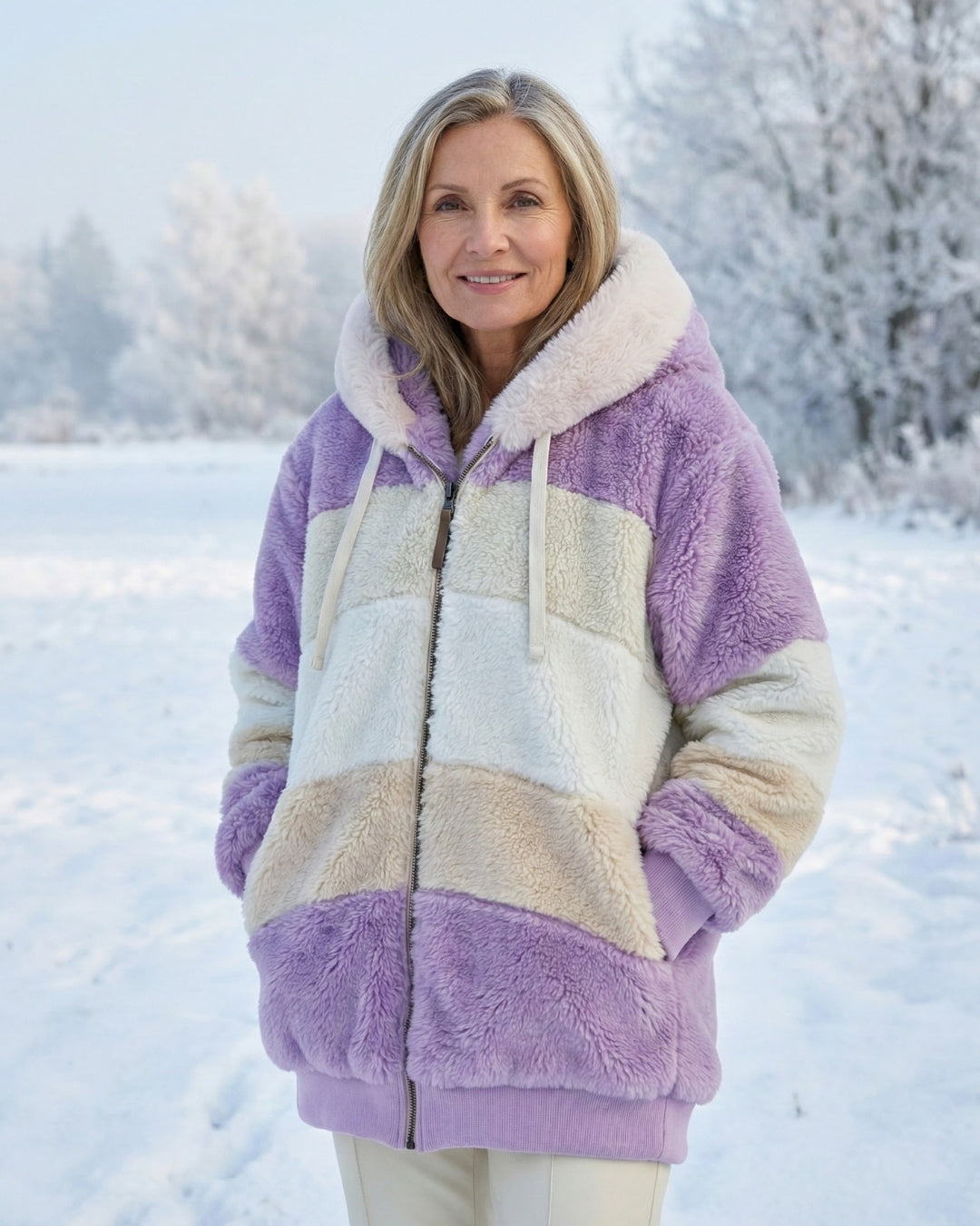 Colourblock plush jacket in purple and cream with zip front and sherpa hood
