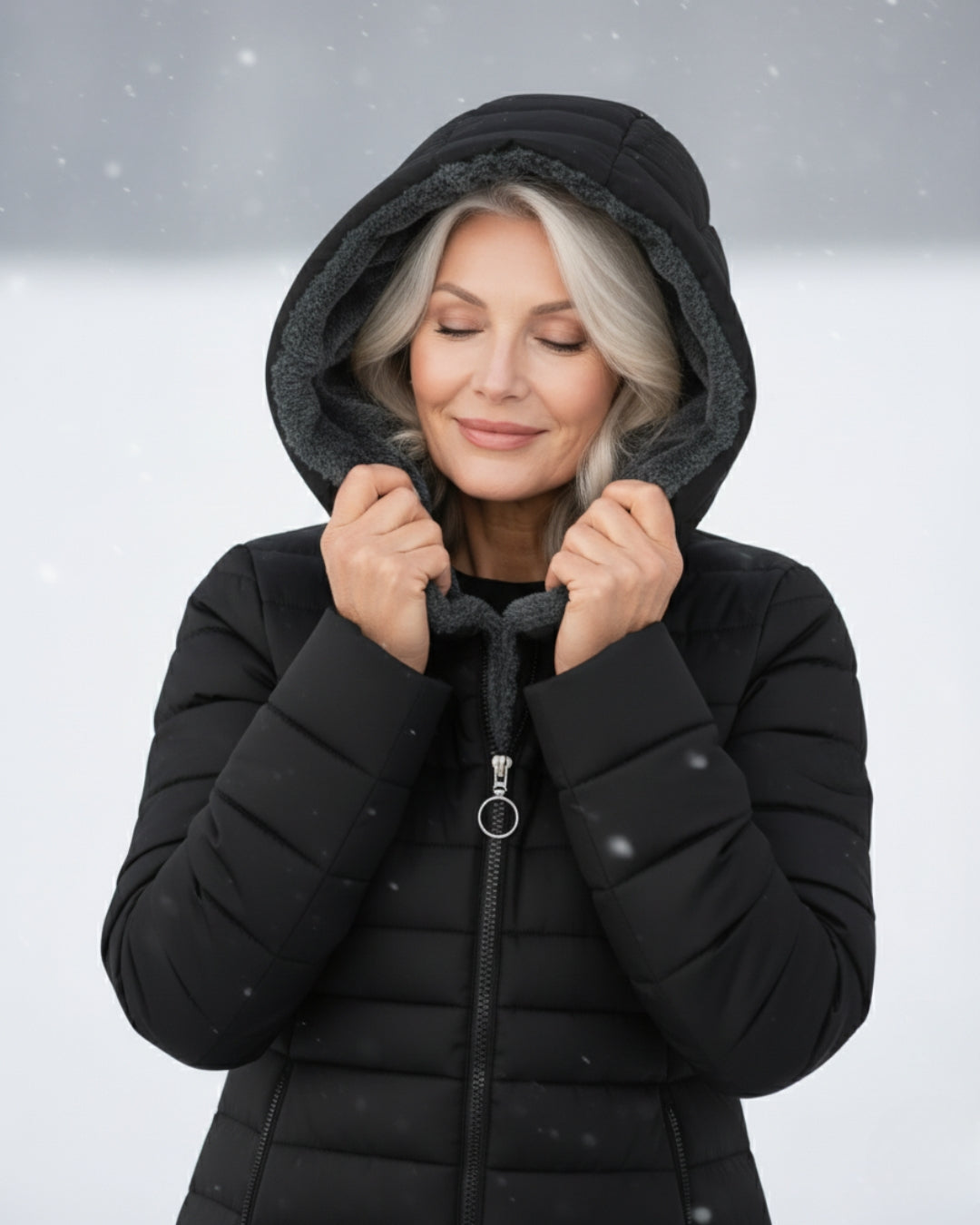 Black fleece-lined hooded puffer coat with zipper front, hands adjusting the hood