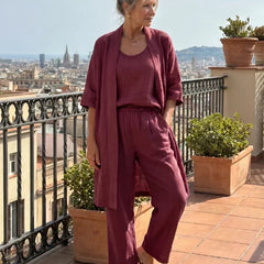 Women's wine red 3-piece set with tank top, drawstring waist wide-leg pants, kimono