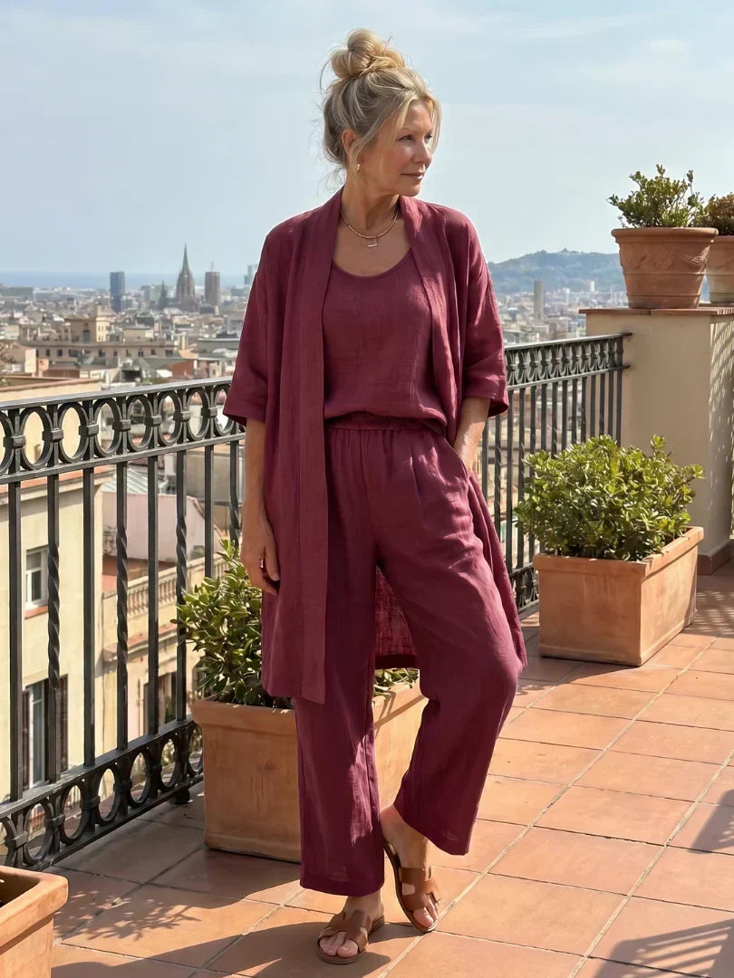 Women's wine red 3-piece set with tank top, drawstring waist wide-leg pants, kimono