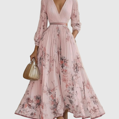 Pink floral pleated maxi dress with long sleeves, V-neck and gathered waist