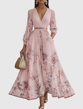 Pink floral pleated maxi dress with long sleeves, V-neck and gathered waist