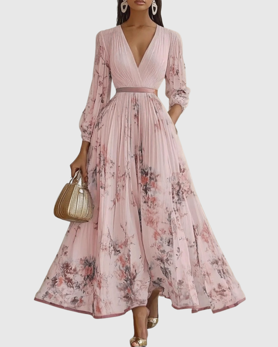 Pink floral pleated maxi dress with long sleeves, V-neck and gathered waist