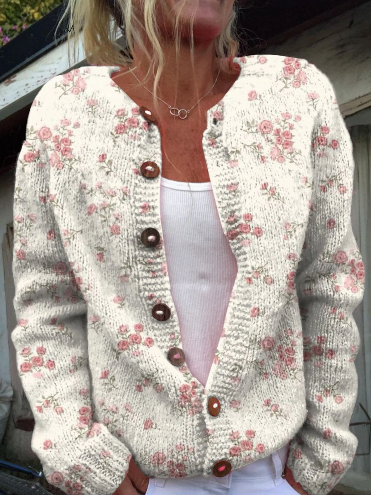 Marvella™ women’s vintage knit cardigan sweater, floral pattern, button-front, V-neck