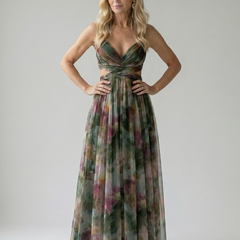 Floral print maxi dress in green with V-neck and wrapped, twist-front bodice