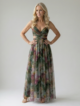 Floral print maxi dress in green with V-neck and wrapped, twist-front bodice