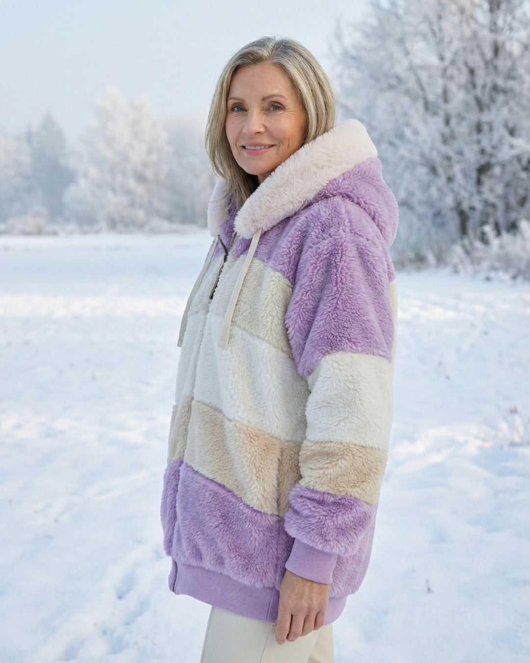Colourblock plush jacket in purple, cream, and light beige with hood and zip front