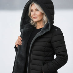 Black fleece-lined hooded puffer coat with grey hood lining and front zipper