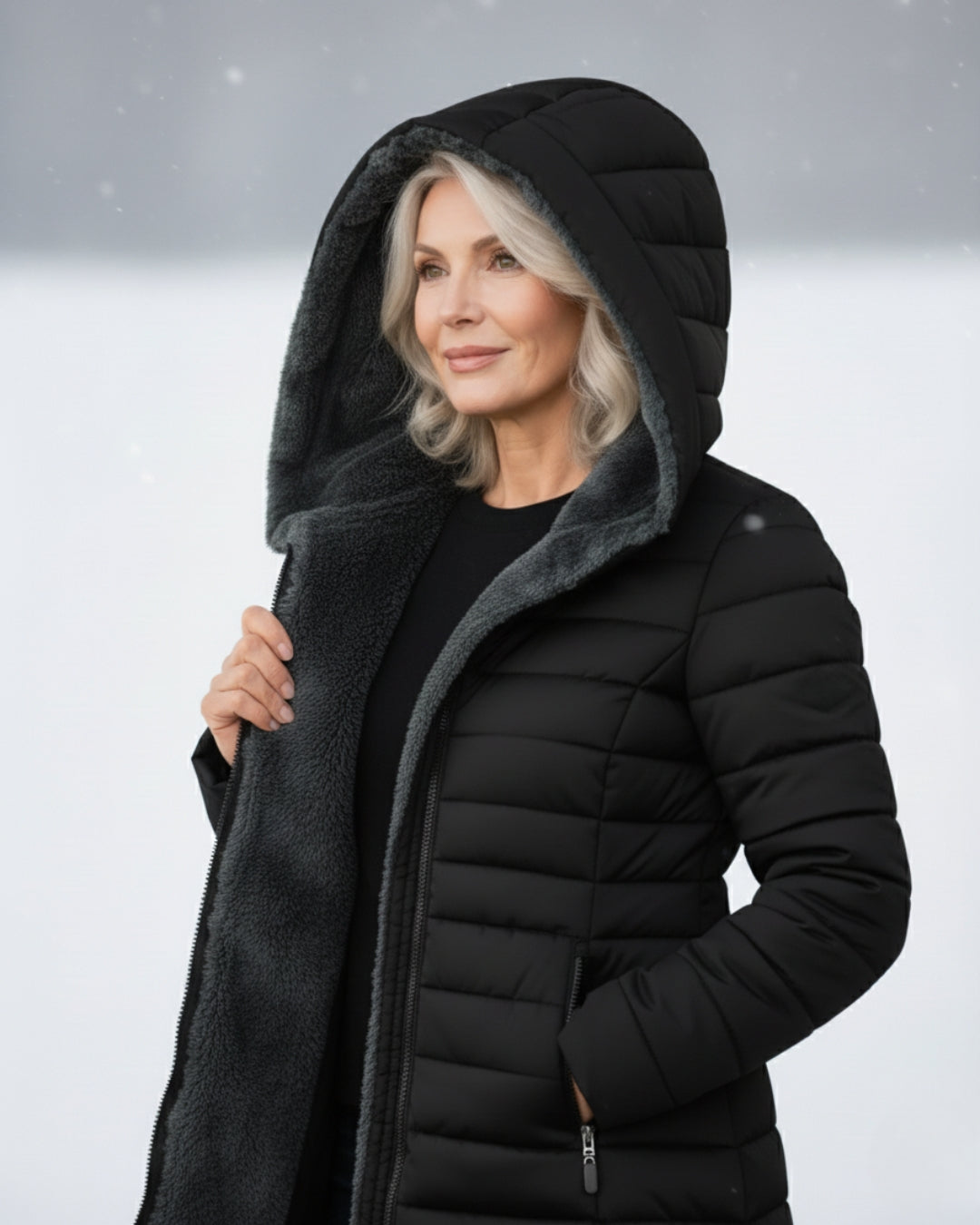 Black fleece-lined hooded puffer coat with grey hood lining and front zipper
