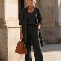 3-piece outfit set in black: scoop tank, wide-leg pants, kimono-style open-front top