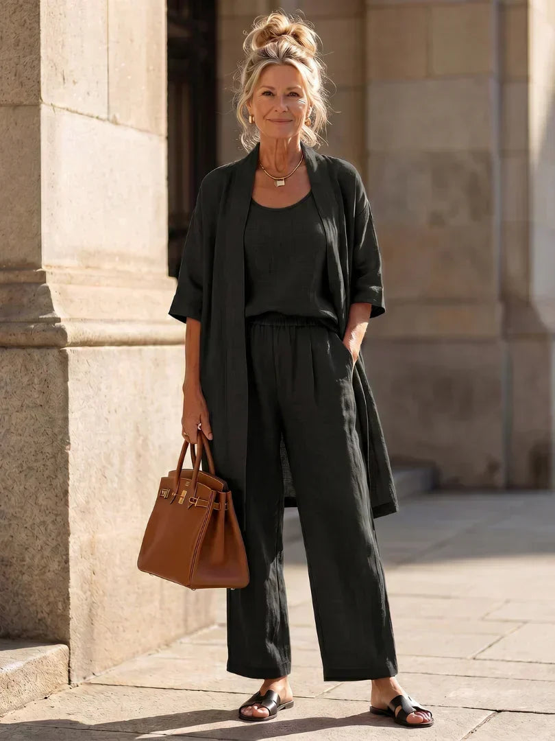 3-piece outfit set in black: scoop tank, wide-leg pants, kimono-style open-front top