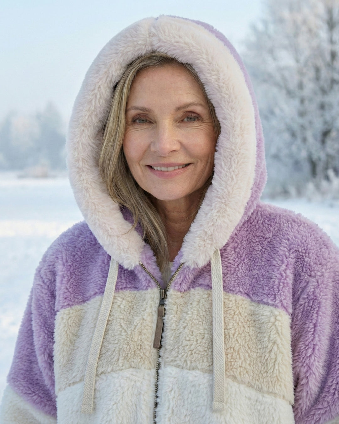 Colourblock plush jacket with purple hood trim and cream sherpa panels, zip front