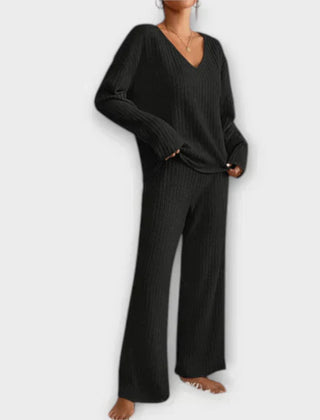 Black ribbed knit loungewear set with V-neck long sleeves and wide-leg pants