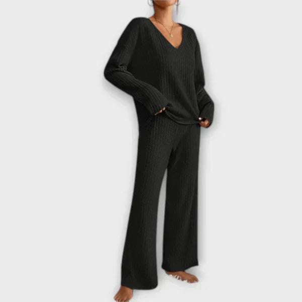 Black ribbed knit loungewear set with V-neck long sleeves and wide-leg pants