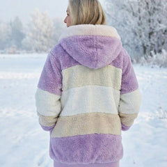 Back view of colourblock plush jacket in purple and cream with sherpa hood
