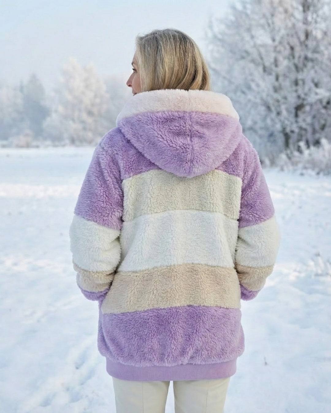 Back view of colourblock plush jacket in purple and cream with sherpa hood