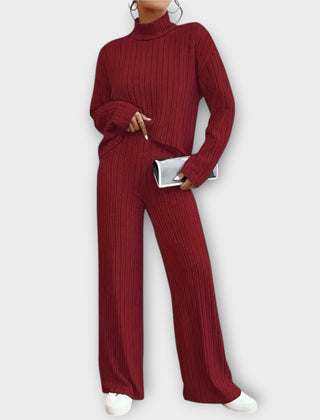 Burgundy ribbed knit two-piece set with turtleneck top and wide-leg pants