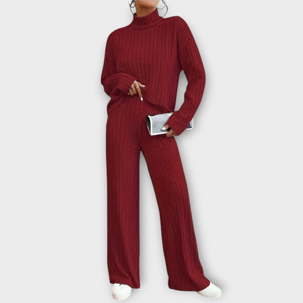 Burgundy ribbed knit two-piece set with turtleneck top and wide-leg pants