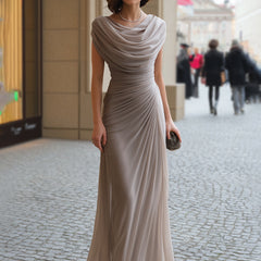 Taupe draped cowl-neck maxi dress with cap sleeves and gathered ruched bodice