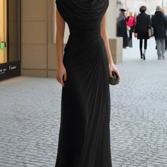 Black draped cowl-neck maxi dress with cap sleeves and side ruched detail