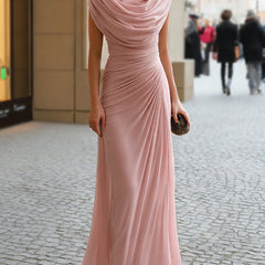 Pink draped cowl-neck maxi dress with cap sleeves and ruched side waist detail
