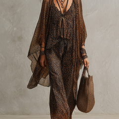Leopard print boho 3-piece set: tie-front V-neck jumpsuit with sheer kimono overlay