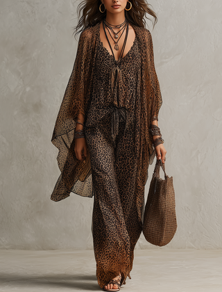 Leopard print boho 3-piece set: tie-front V-neck jumpsuit with sheer kimono overlay