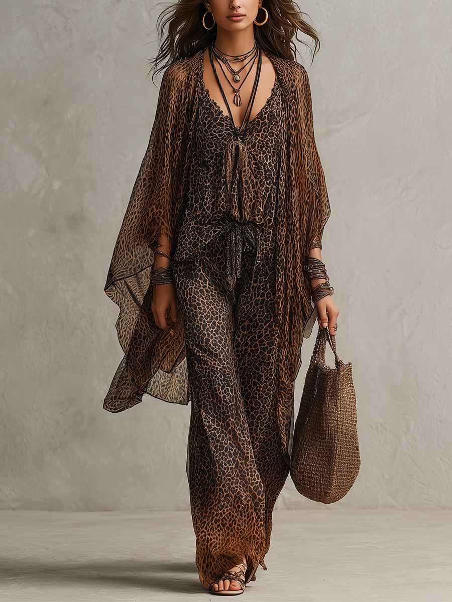 Leopard print boho 3-piece set: tie-front V-neck jumpsuit with sheer kimono overlay