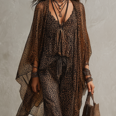 Leopard print boho 3-piece set: tie-front V-neck jumpsuit with flowing kimono cape sleeves