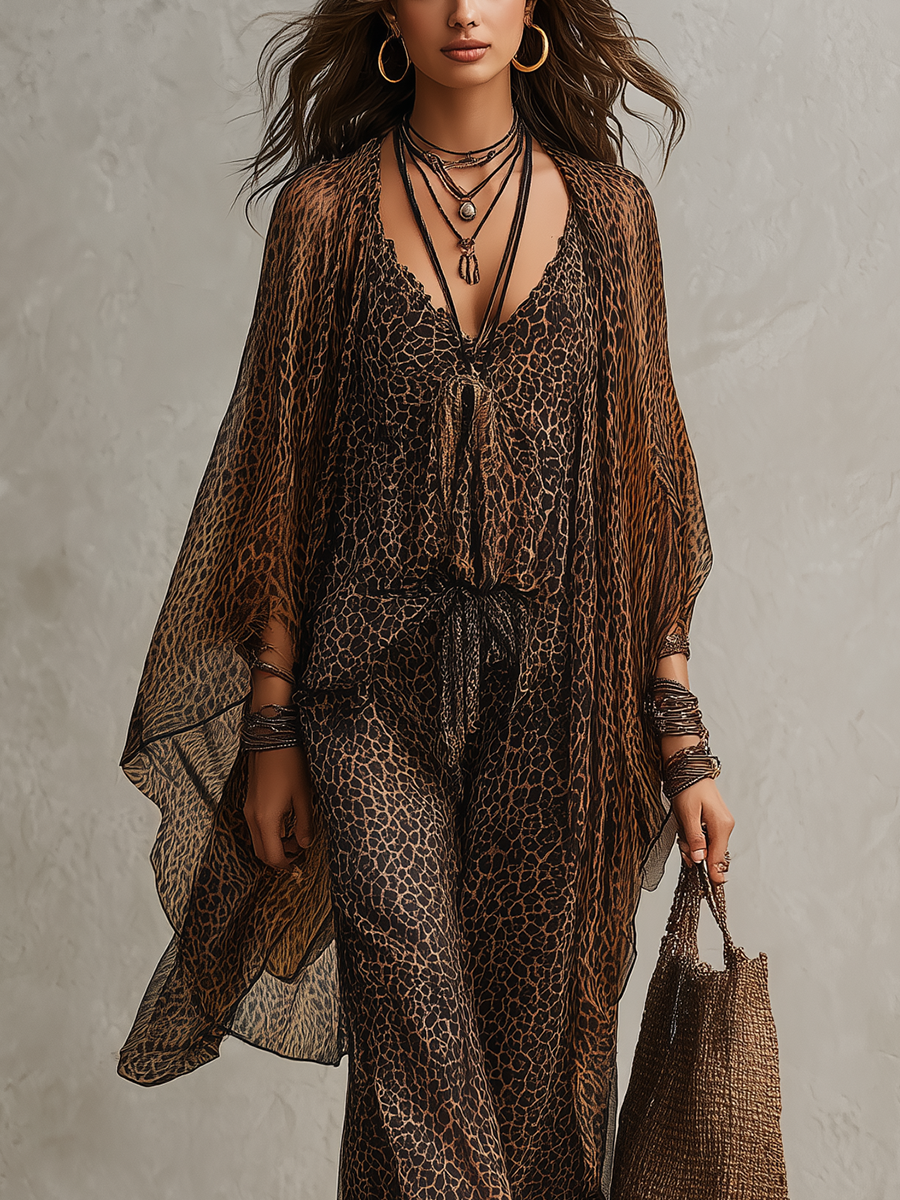 Leopard print boho 3-piece set: tie-front V-neck jumpsuit with flowing kimono cape sleeves