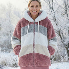 Bonnie colourblock plush jacket with hood, maroon, light blue, cream, and white stripes