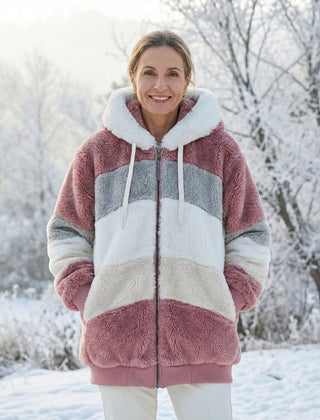 Bonnie colourblock plush jacket with hood, maroon, light blue, cream, and white stripes