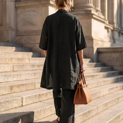 Back view of black 3-piece outfit set: kimono top and wide-leg pants with elastic waist