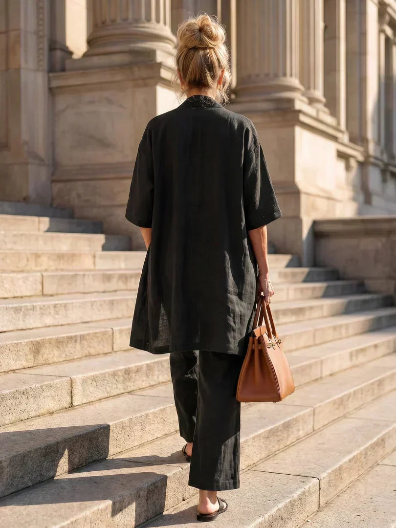 Back view of black 3-piece outfit set: kimono top and wide-leg pants with elastic waist