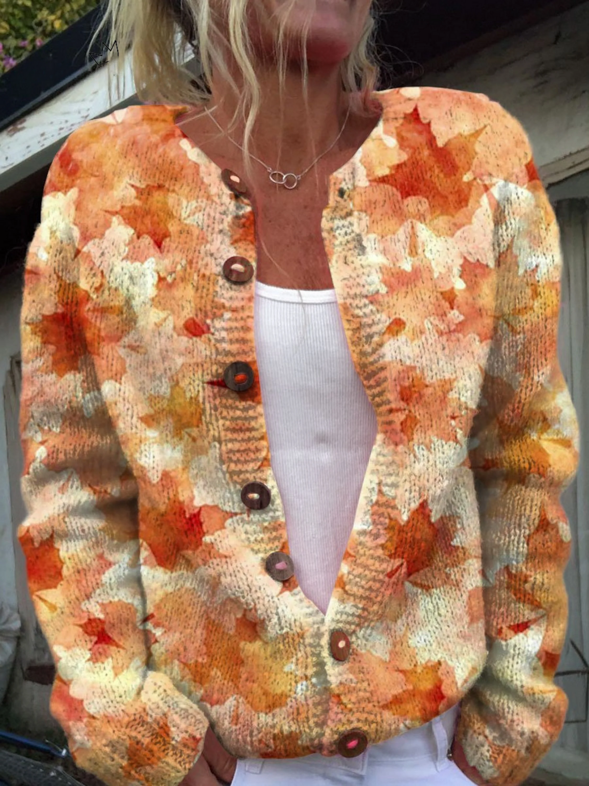 Isolyn™ women’s vintage knit cardigan sweater, orange patterned, button-front V-neck