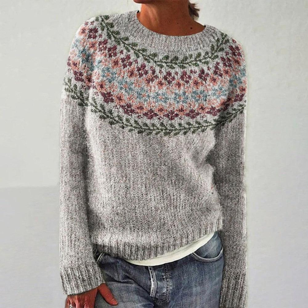 Heather gray knit round-neck sweater with multicolor fair-isle yoke
