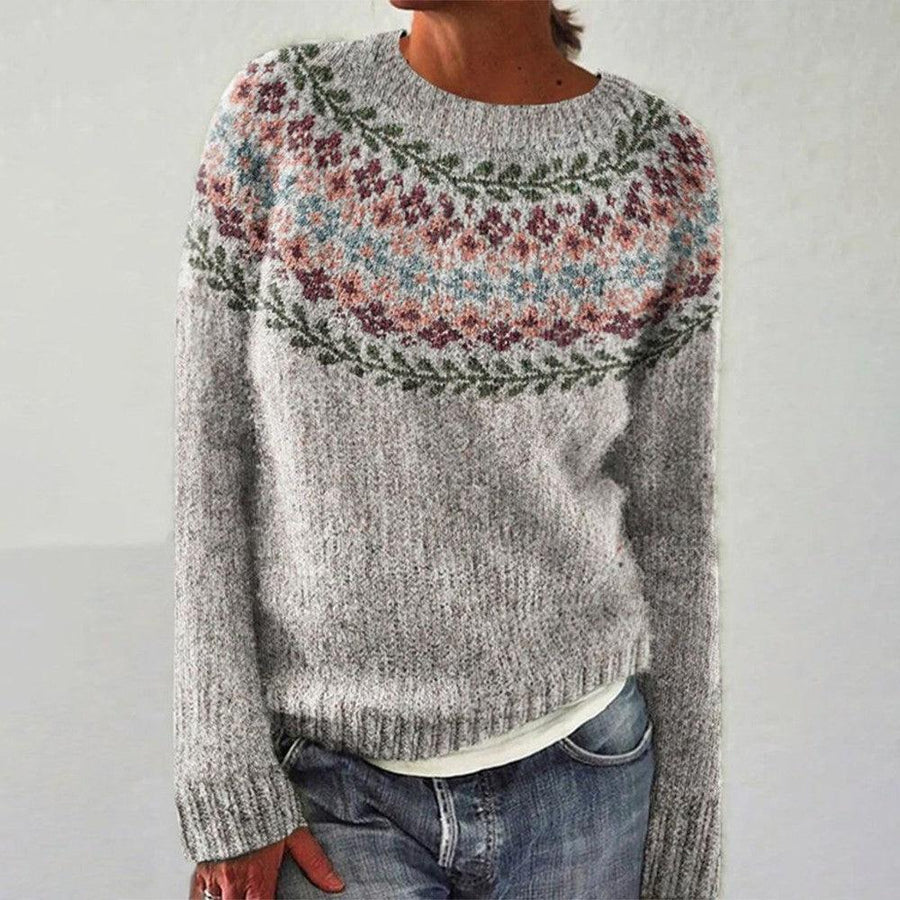 Heather gray knit round-neck sweater with multicolor fair-isle yoke