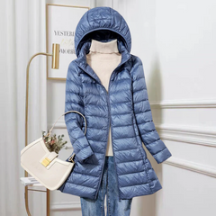 Blue hooded ultralight puffer down jacket with full-length zip and angled hem.