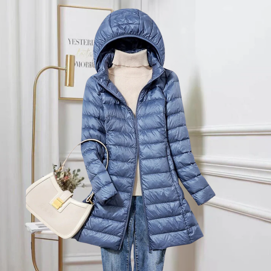Blue hooded ultralight puffer down jacket with full-length zip and angled hem.