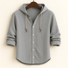 Light grey hooded shirt jacket with button front and drawstring hood ties